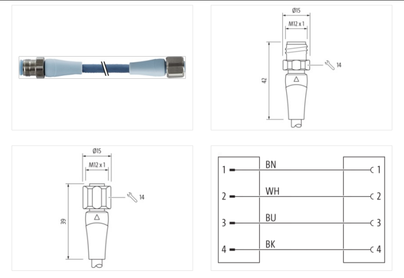 Cáp 1.5m cho ngành thực phẩm 2 đầu nối M12 male 0° / M12 female 0° A-code 4 chân 7024-40021-3210150 - DETAIL 1