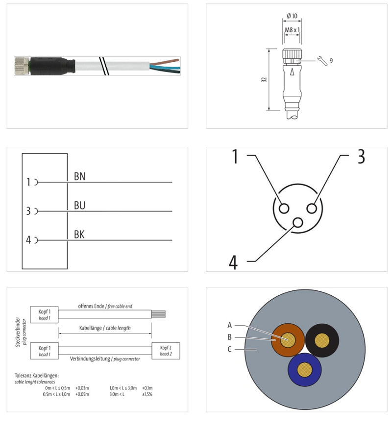 Cáp 10m có đầu nối M8 female 0° A-code 3 chân 7000-08041-2101000 - DETAIL