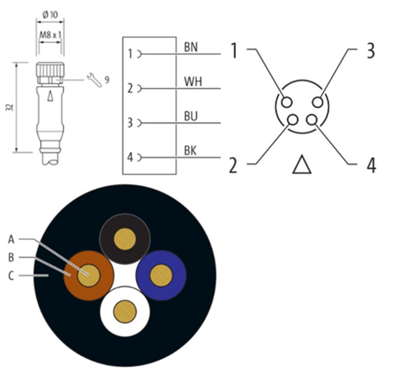 Cáp 10m có đầu nối M8 female 0° A-code 4 chân 7000-08061-6311000 detail 