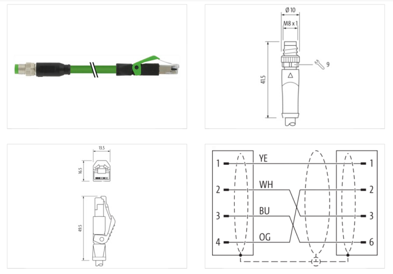 Cáp mạng 10m bọc chống nhiễu có 2 đầu nối M8 male 0° A-cod. / RJ45 male 0° 7000-89721-7911000 - DIMENSION