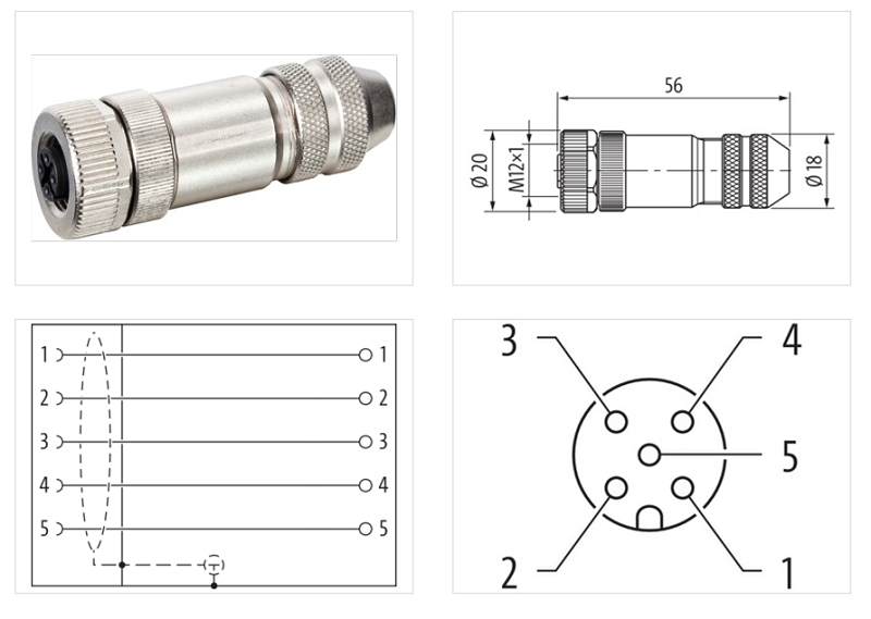 Đầu nối M12 female 0° A-code 5 chân chống nhiễu 7000-13381-0000000 - DETAIL