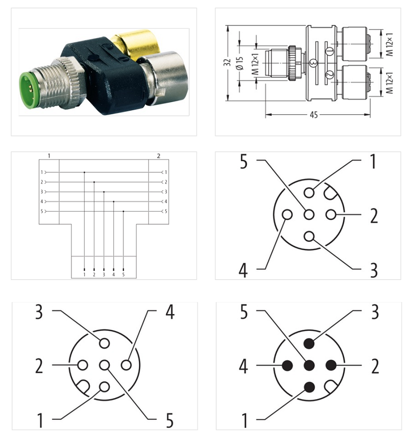 Đầu nối chia T-Coupler Slimline M12 male / 2x M12 female A-code 5 chân 7000-41151-0000000 - DETAIL