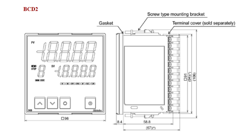 Bộ điều khiển nhiệt độ 96x96mm ngõ ra 4-20mA 2 ngõ ra cảnh báo BCD2-A00-10 - DIMENSION