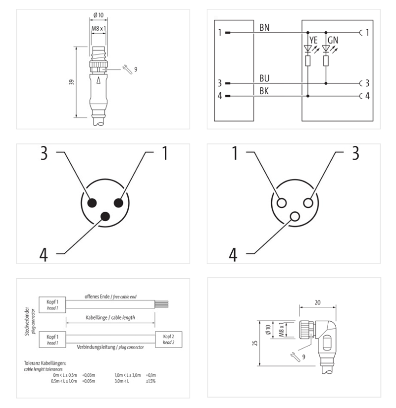 Cáp 0.6m 2 đầu nối M8 male 0° / M8 female 90° A-code LED 3 chân 7000-88041-2300060 - DETAIL
