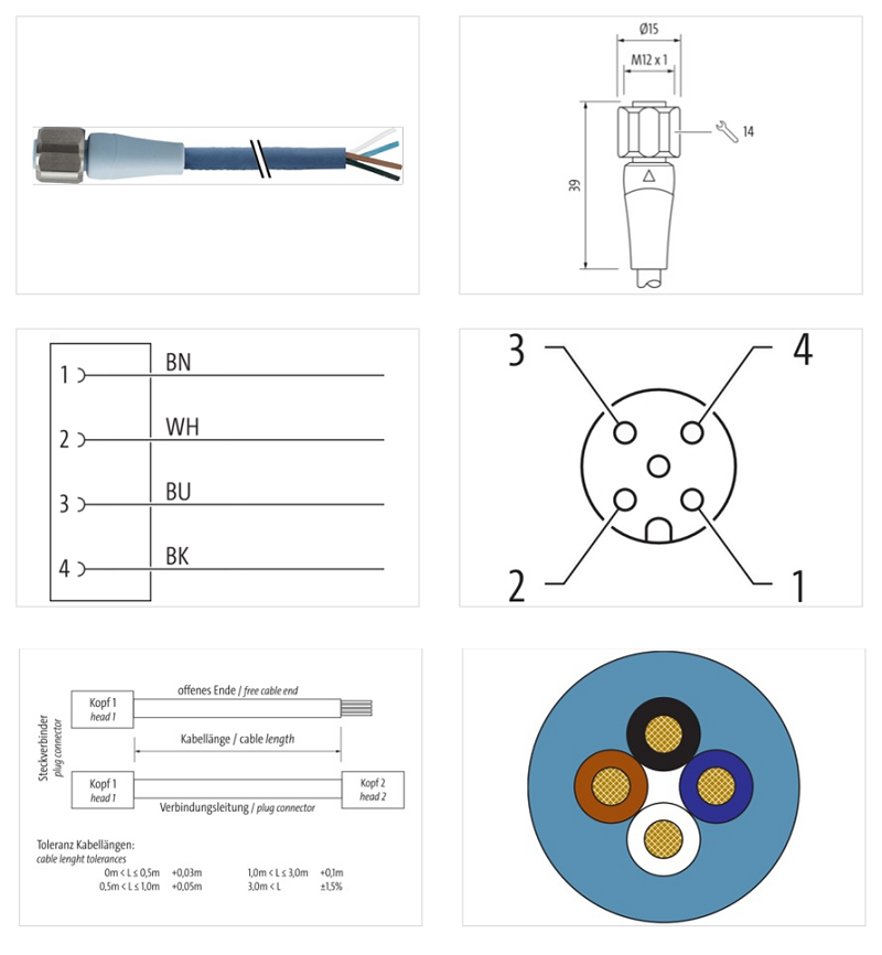 Cáp 10m cho ngành FB có đầu nối M12 female 0° A-code 4 chân 7024-12221-3211000 - DETAIL