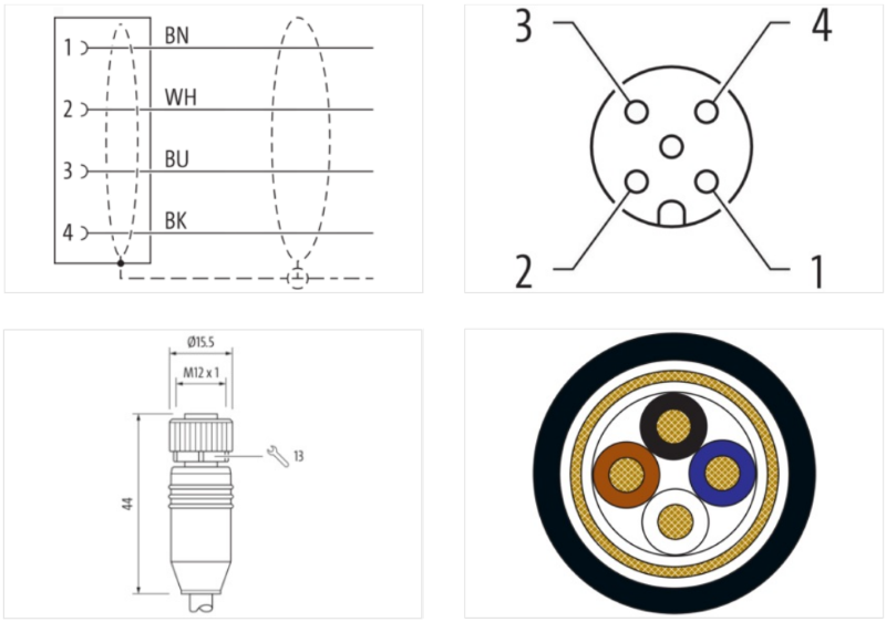 Cáp bọc chống nhiễu 15m có đầu nối M12 female 0° A-code 4 chân 7000-13201-6411500-body