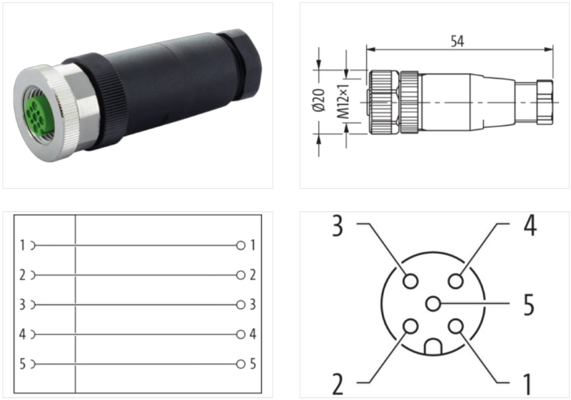 Đầu nối M12 female 0° A-code 5 chân không cáp 7000-12962-0000000-body