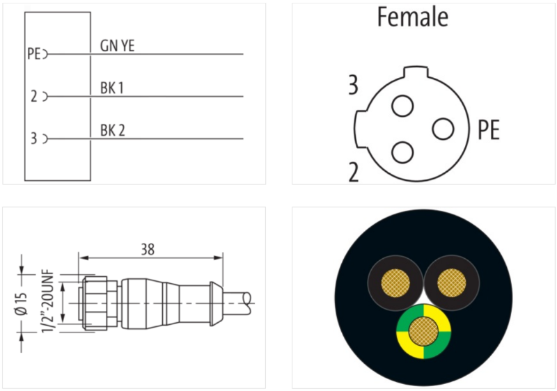 Đầu nối M12 female 0° C-code 3 chân Dual-Keyway có cáp 6m 7000-20111-6360600-body