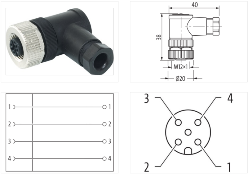 Đầu nối M12 female 90° A-dode 4 chân 7356-12981-0000000-body