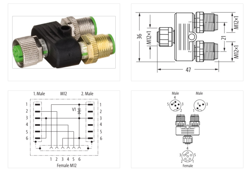 Đầu nối chia T-Coupler M12 female/ 2x M12 male A-code có chống nhiễu 7000-46101-0000000 - DETAIL