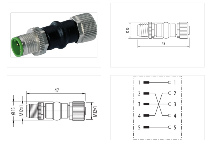 Đầu nối chuyển đổi M12 male – M12 female 5 chân 333370 - DETAIL