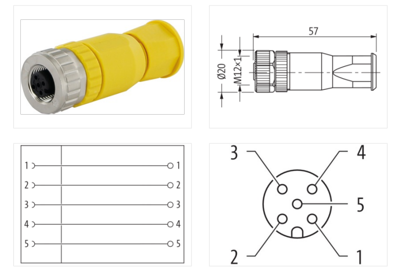 Đầu nối màu vàng M12 female 0° A-code 5 chân 7030-12931-0000000 - DETAIL