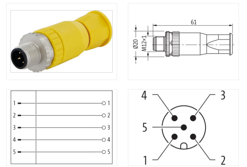 Đầu nối màu vàng M12 male 0° A-code 5 chân 7030-12731-0000000 - DETAIL