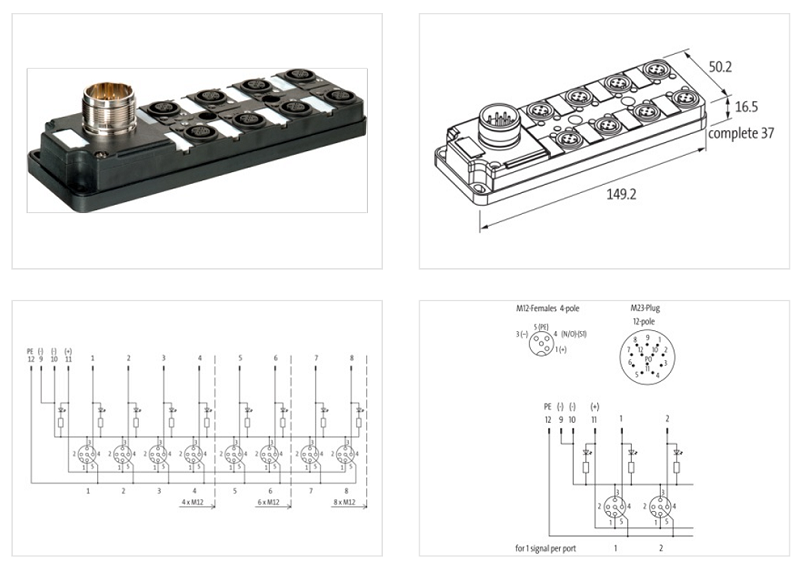 Bộ phân phối cáp 8 cổng M12 4 cực MVP12 27765 - DETAIL
