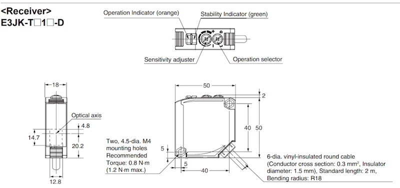 Cảm biến quang thu phát 40m red LED E3JK-TR-11-D - dimension