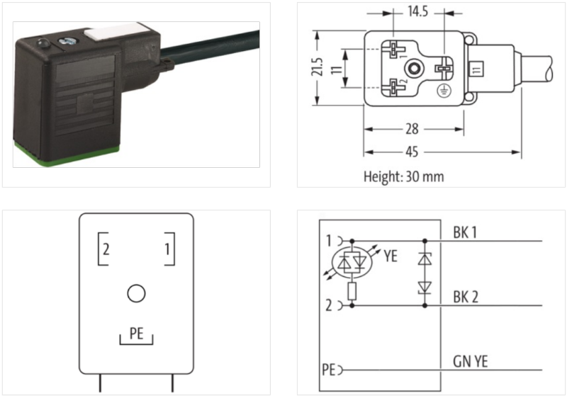 Đầu nối van điện từ form BI 2m cáp MSUD 7000-11021-6160200-body