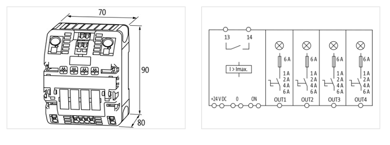 Bộ bảo vệ dòng DC 4 kênh 24V 6A chỉnh được MICO 9000-41034-0100600 - DETAIL