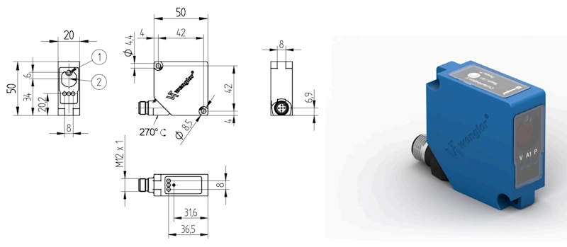 Cảm biến lazer TOF OY2P303A0135 của Wenglor - kích thước