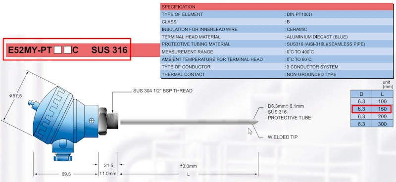 Cảm biến nhiệt độ dạng củ hành E52MY-PT150C D6.3 - detail