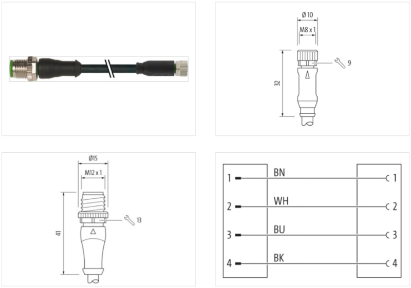 Cáp 0.5m 2 đầu nối M12 male 0° - M8 female 0° A-code 4 chân 7000-40581-6310050-body1
