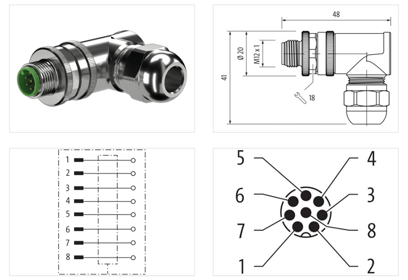 Đầu nối 8 chân M12 male 90° A-code triệt nhiễu 7000-17351-0000000 - DETAIL