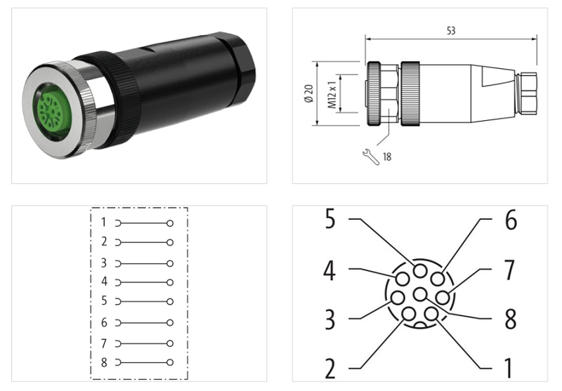 Đầu nối M12 female 0° A-code 8 chân 7000-17321-0000000 - DETAIL