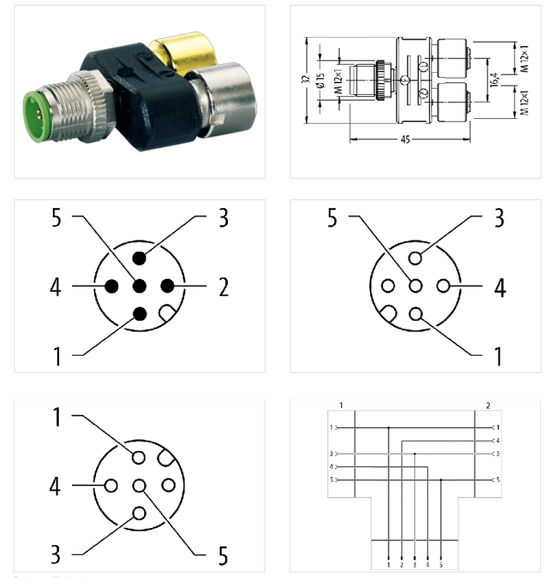 Đầu nối chia T-Coupler Slimline M12 male / 2x M12 female A-code 7000-41131-0000000 - DETAIL