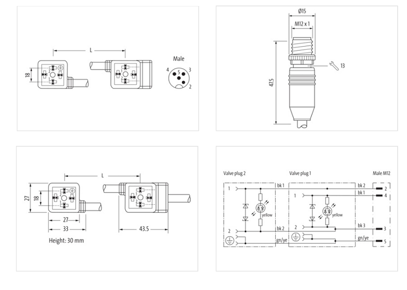 Đầu nối van điện từ đôi form A và M12 male 0° A-code MSUD 7000-41611-6370060 - DETAIL