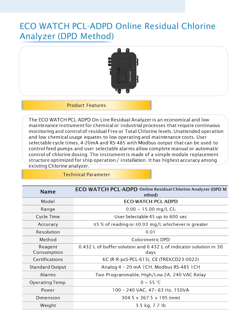 Máy phân tích chất lượng nước - Đo clo dư PCL-ADAP specification