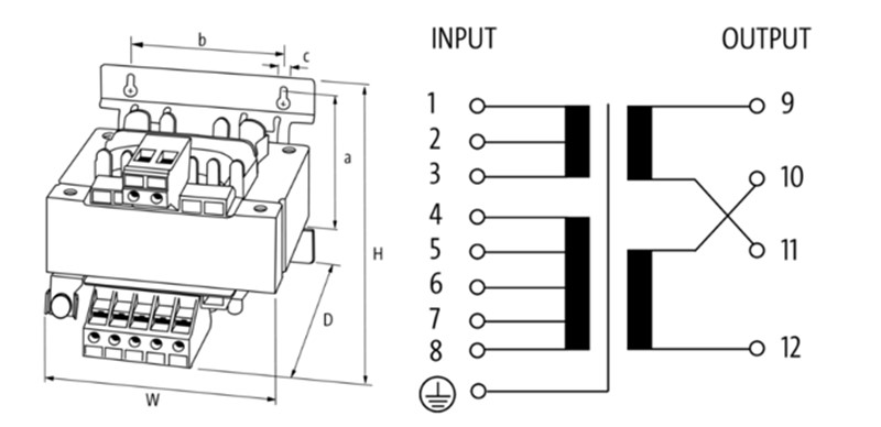 Biến áp cách ly 1 pha 2500VA input 208-550VAC output 2x115VAC MST 86154 detail