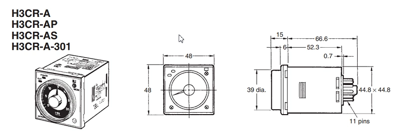 Bộ định thời analog DPDT H3CR-A8 - kích thước