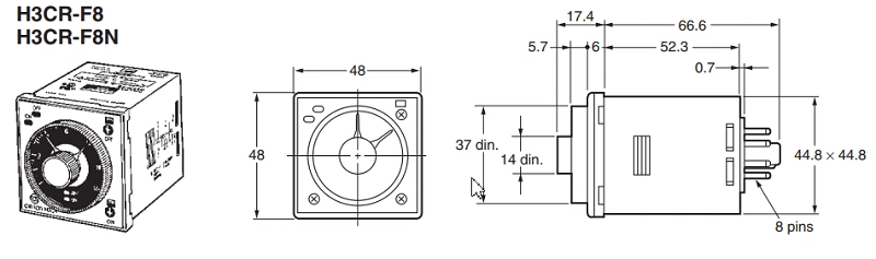 Bộ định thời kép H3CR-F8 AC100-240DC, 100-125 - dimension