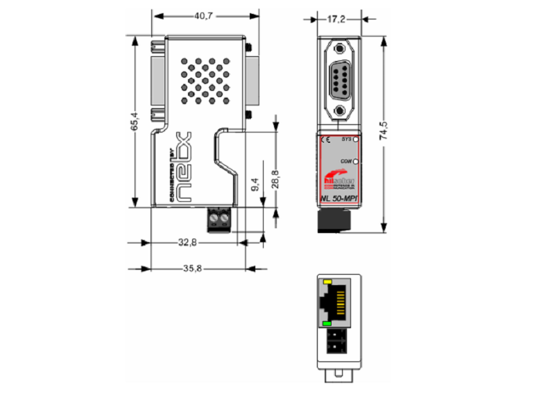 Bộ kết nối ethernet lập trình PLC Siemens S7 của Hilscher NL 50-MPI - DIMENSION