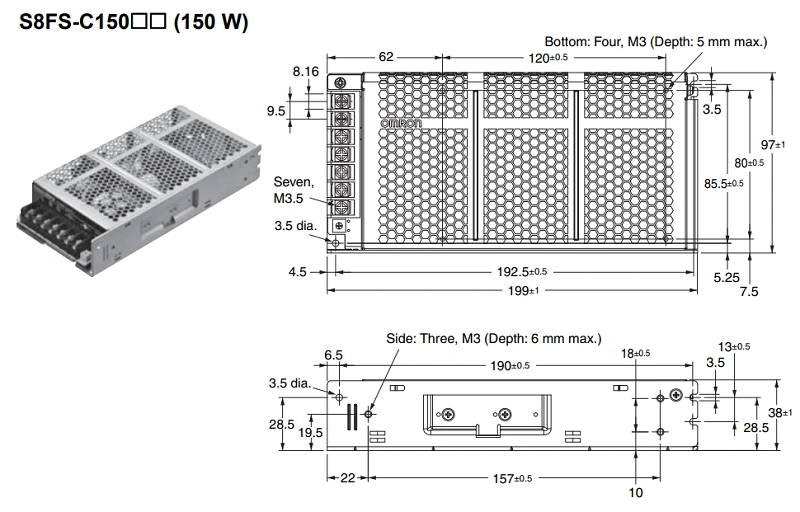 Bộ nguồn 24VDC 6.5A của Omron S8FS-C15024 - kích thước