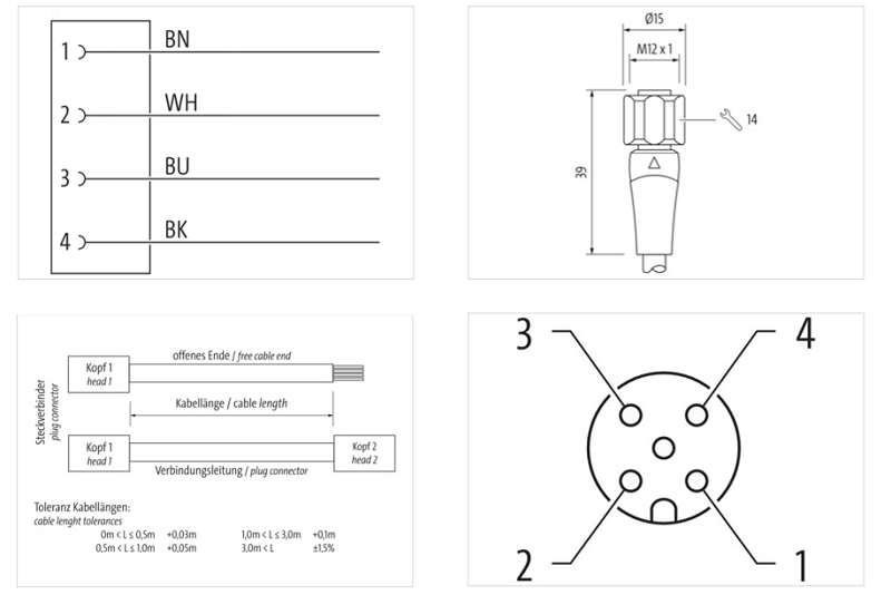 Cáp 10m có đầu nối M12 female 0° A-code 4 ruột cho F và B 7024-12221-3211000 - DETAIL