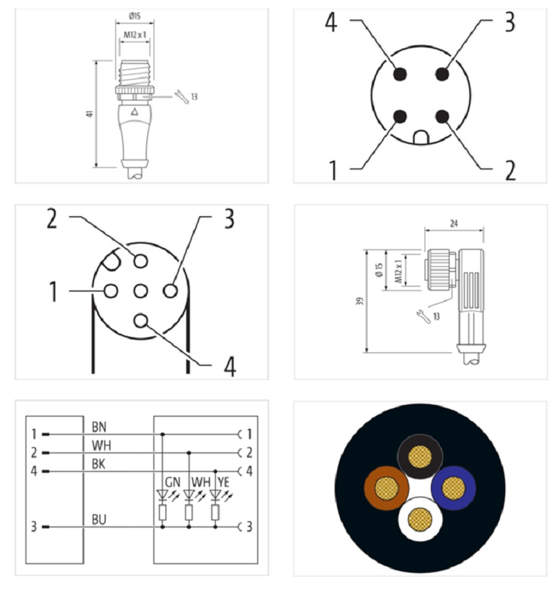 Cáp 1m có đầu nối M12 male 0° / M12 female 90° A-cod. LED 4 ruột 7000-40341-6540100 - DETAIL