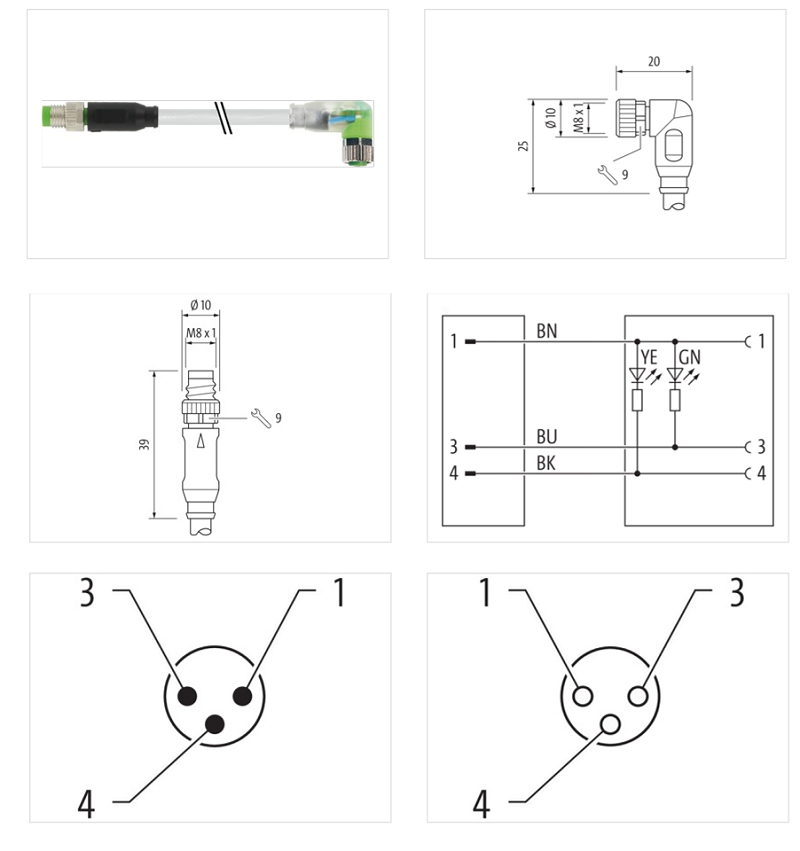 Cáp 2m 2 đầu nối M8 male 0° / M8 female 90° A-code. có LED 3 chân 7000-88041-2300200 - DETAIL