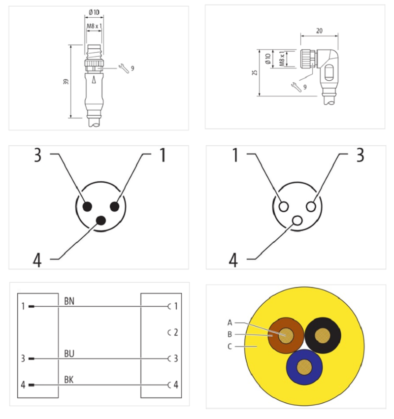 Cáp dài 1m có 2 đầu nối M8 male 0° / M8 female 90° A-code 3 chân 7000-88021-0300100 màu vàng - DETAIL