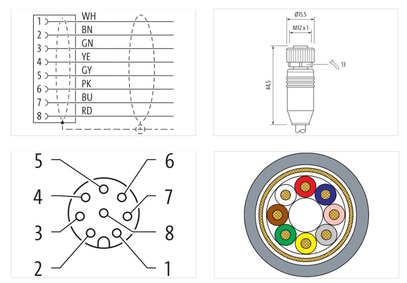 Cáp shield dài 15m có đầu nối M12 female 0° A-code 8 chân 7000-17121-2911500 - DETAIL