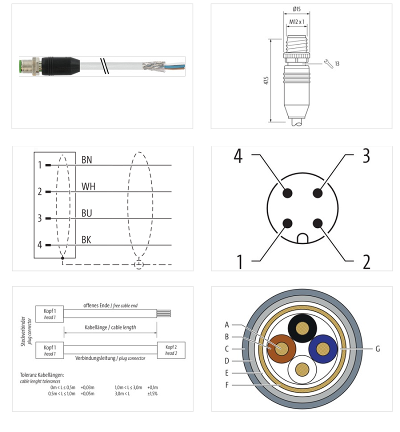 Cáp shield dài 40m có đầu nối M12 male 0° A-code 4 chân 7000-13081-3312000 - DETAIL