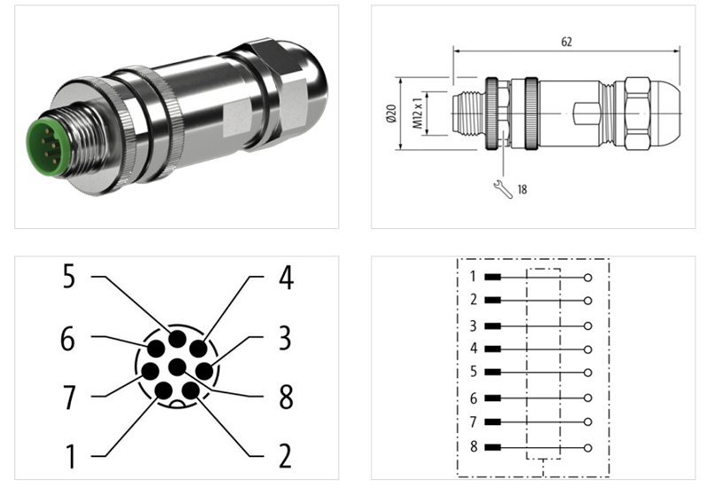 Đầu nối 8 cực M12 male 0° A-code 7000-17341-0000000 - DETAIL