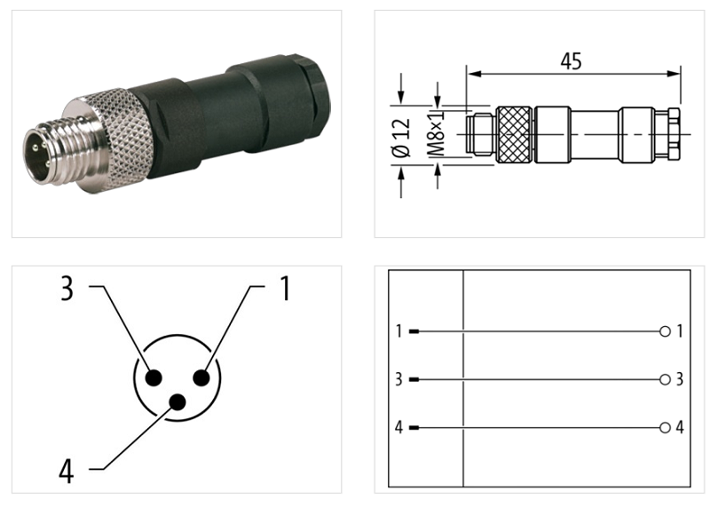 Đầu nối M8 male 0° A-code 3 chân hàn chì 7000-08401-0000000 - DETAIL