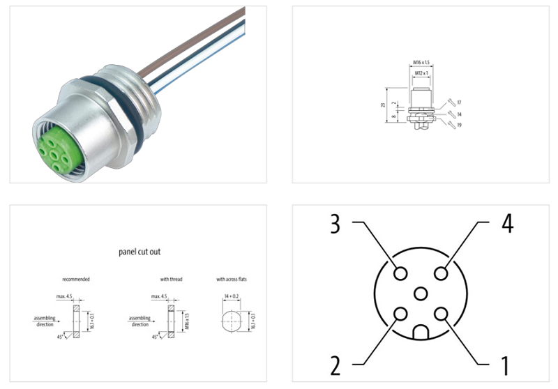 Đầu nối lắp mặt tủ M12 female A-code 4 chân có sẵn 2m cáp 7000-13541-9010200 - DETAIL