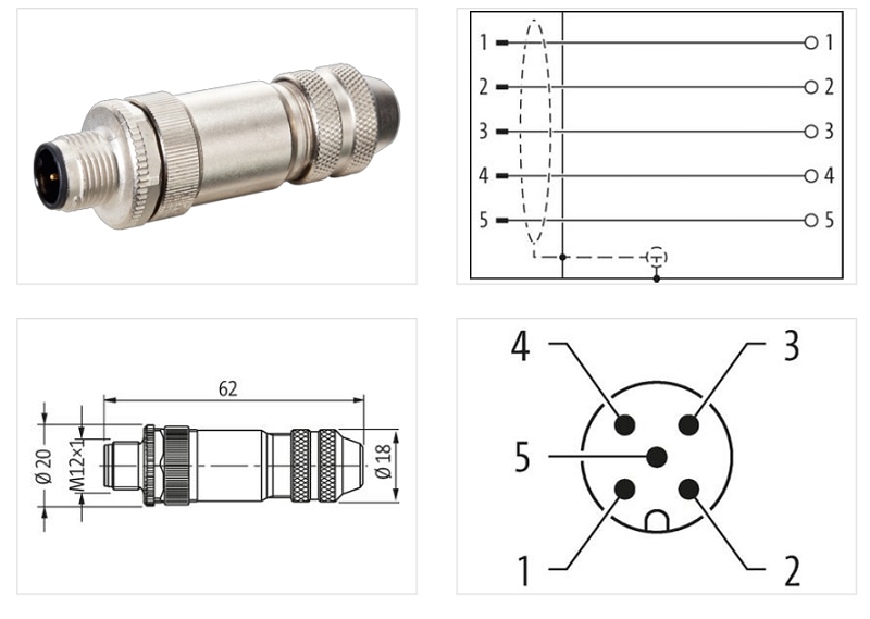 Đầu nối shield 5 cực M12 male 0° A-code 7000-13301-0000000 - DETAIL