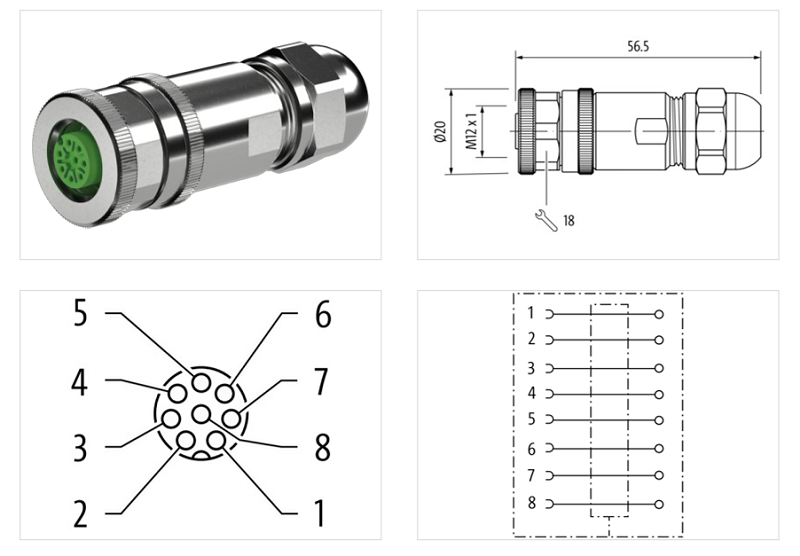 Đầu nối shield M12 female 0° A-code 8 cực 7000-17361-0000000 - DETAIL