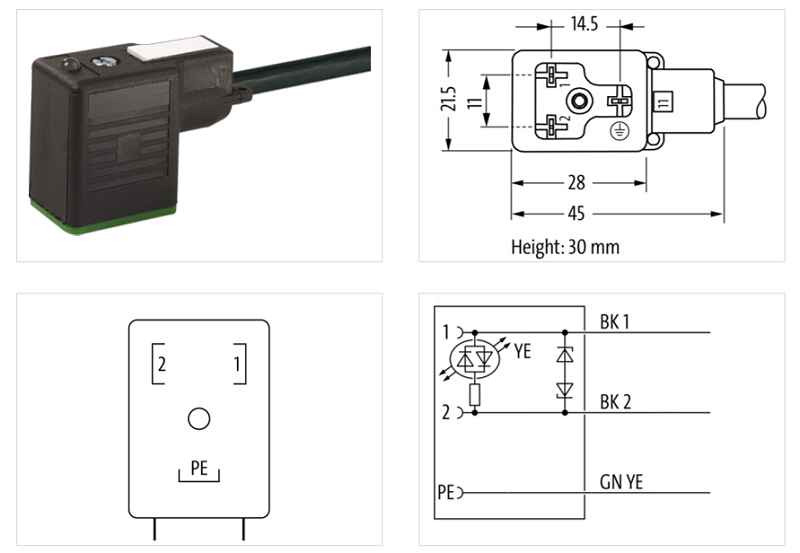 Đầu nối van form BI 11mm có LED và suppression với cáp dài 2m 7000-11021-6160200 - DETAIL
