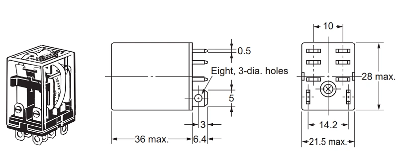 Rơ-le công suất DPDT 10A LY2N AC220, 240 có LED - kích thước