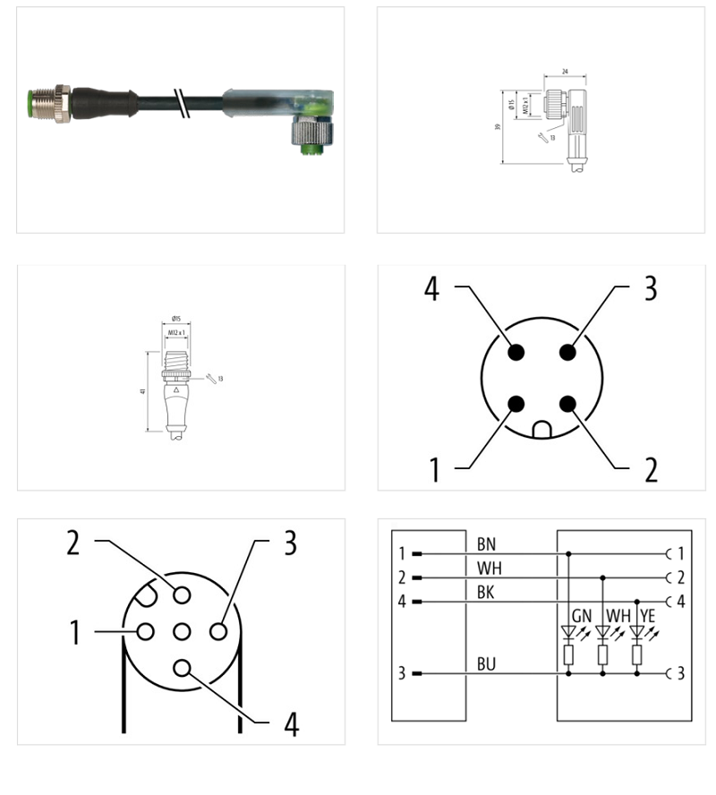 Cáp PUR 7.5m 2 đầu nối M12 male 0° / M12 female 90° A-code 4 cực có LED 7000-40341-6540750 - DETAIL