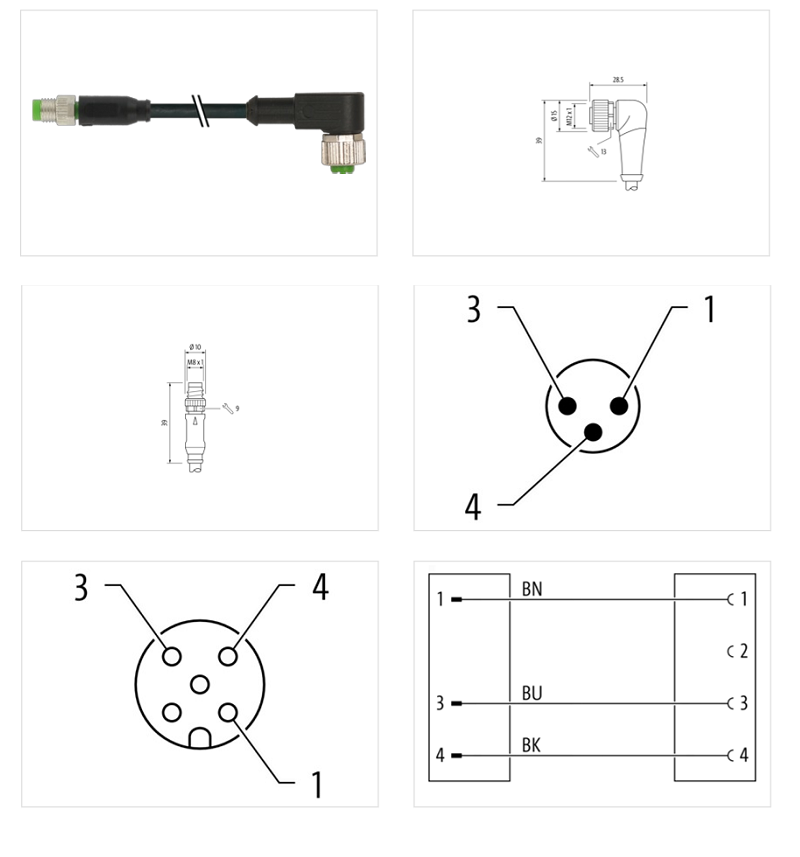 Cáp PUR dài 3m 2 đầu nối M8 male 0° / M12 female 90° A-code 3 cực 7000-88261-6300300 - DETAIL