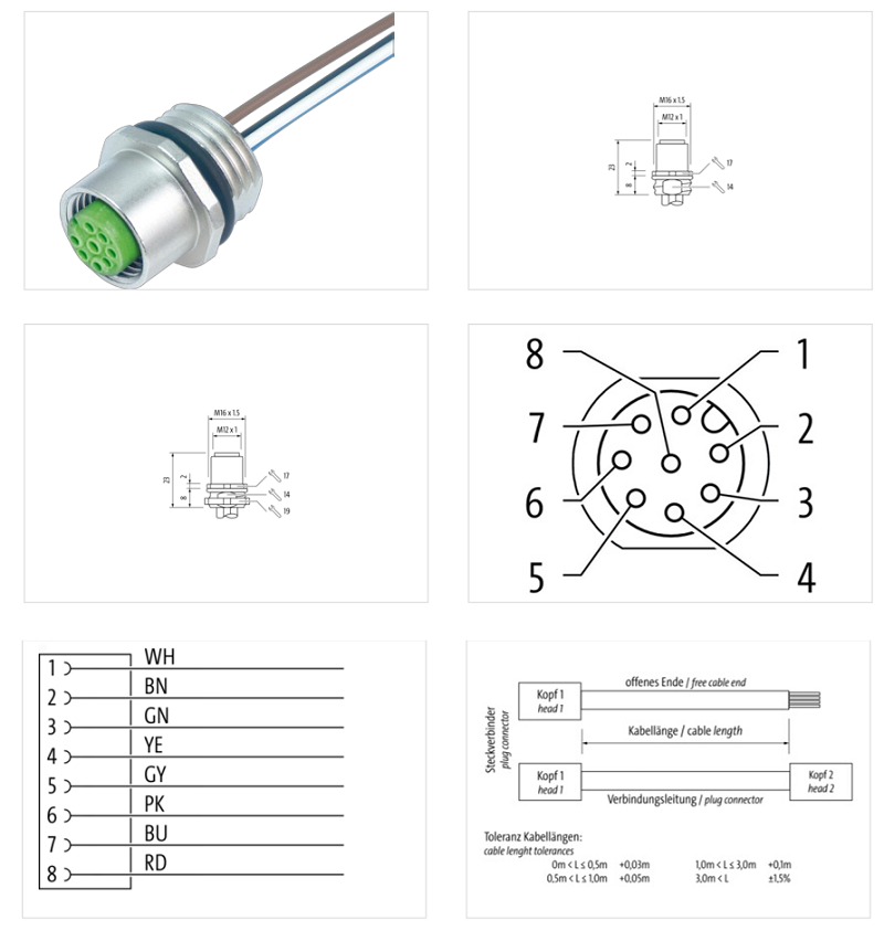 Đầu nối lắp mặt tủ M12 female A-code 8 chân có sẵn 2m cáp 7000-17181-9730200 - DETAIL
